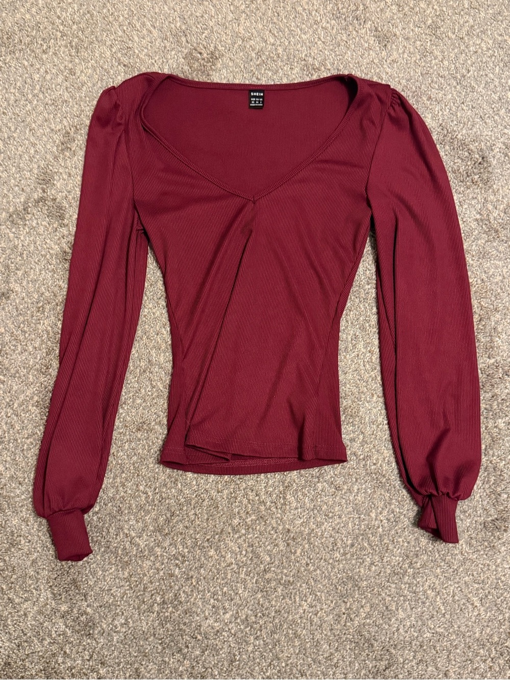 SHEIN Burgundy V-Neck Puff-Sleeve Long Sleeve Top